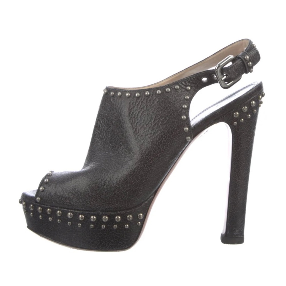 Prada Leather Slingback Platform Pumps with Peep Toe & Studded Accents - Sz 37.5